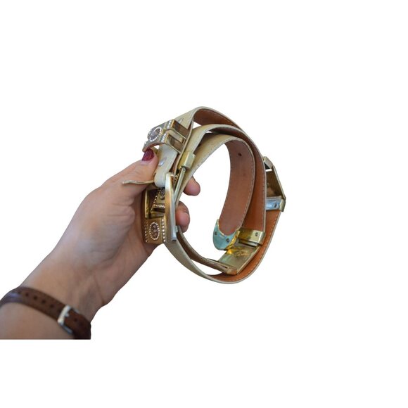 Vintage Cream Bone Leather Gold Tone Jeweled Lion Mens Belt Size 42 Cowboy Bling - Picture 11 of 12